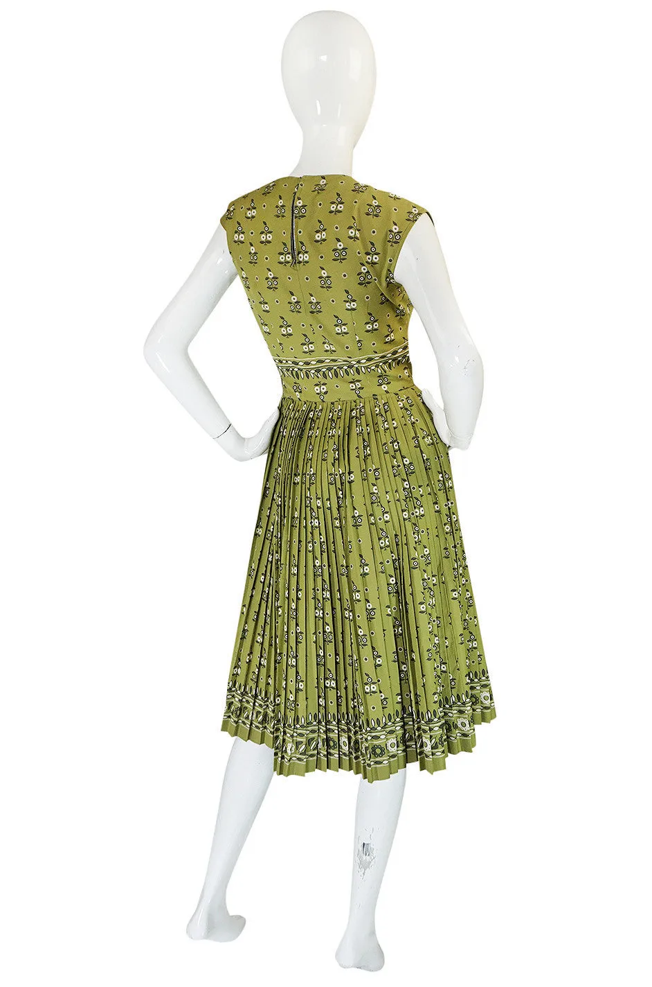 1950s Carolyn Schnurer Knife Pleated Cotton Print Dress