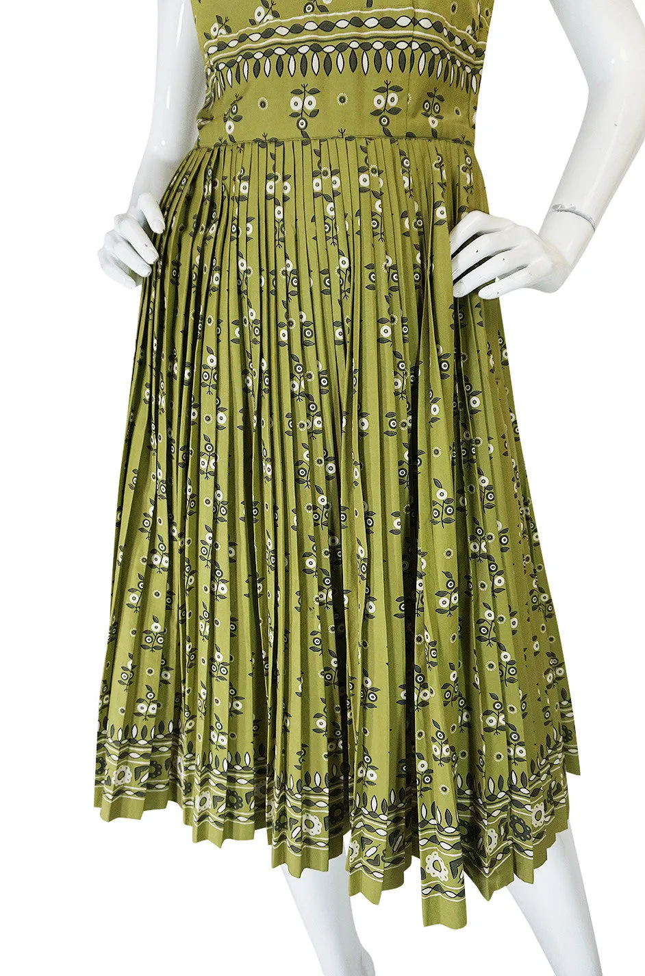 1950s Carolyn Schnurer Knife Pleated Cotton Print Dress