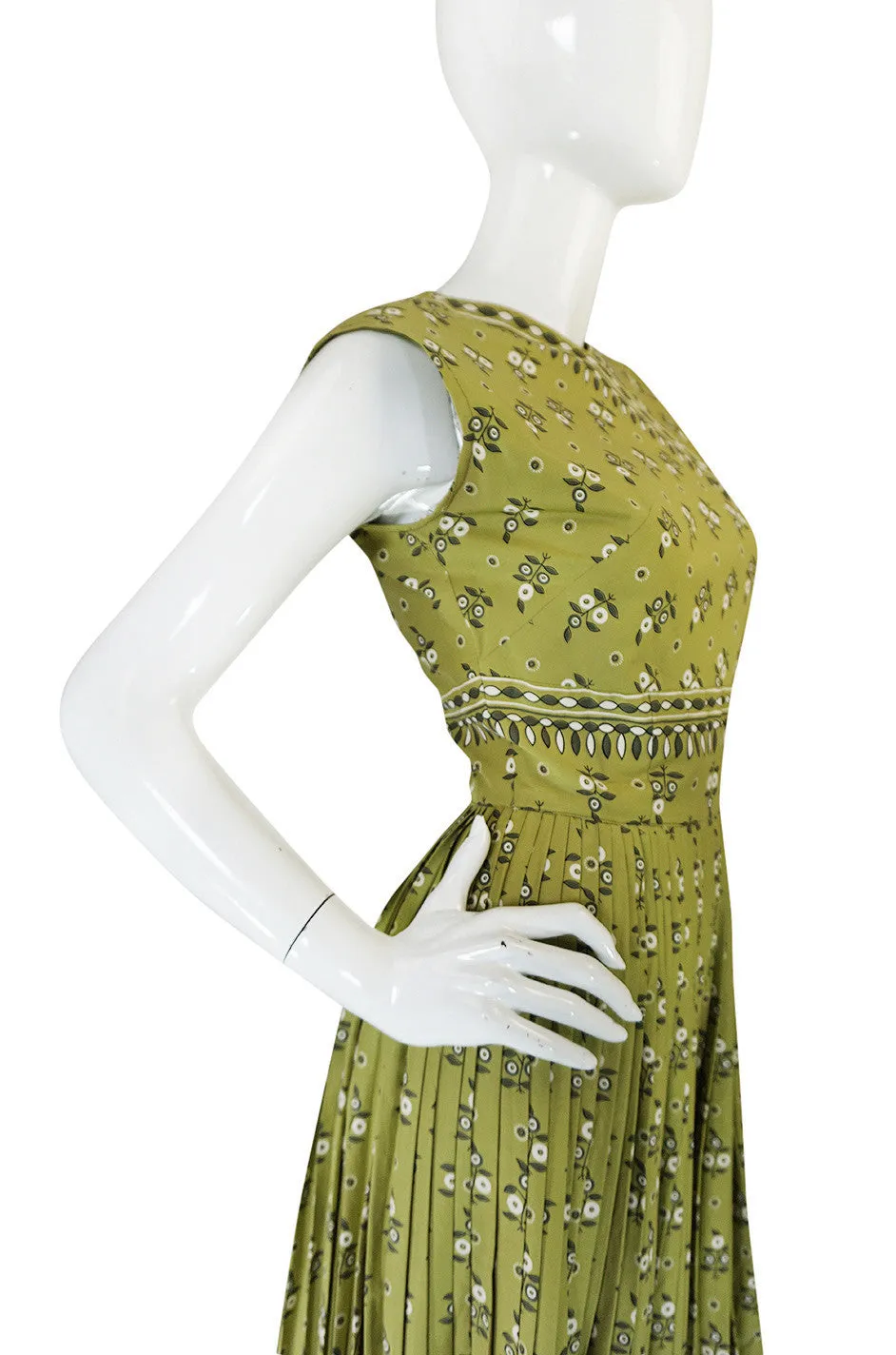 1950s Carolyn Schnurer Knife Pleated Cotton Print Dress