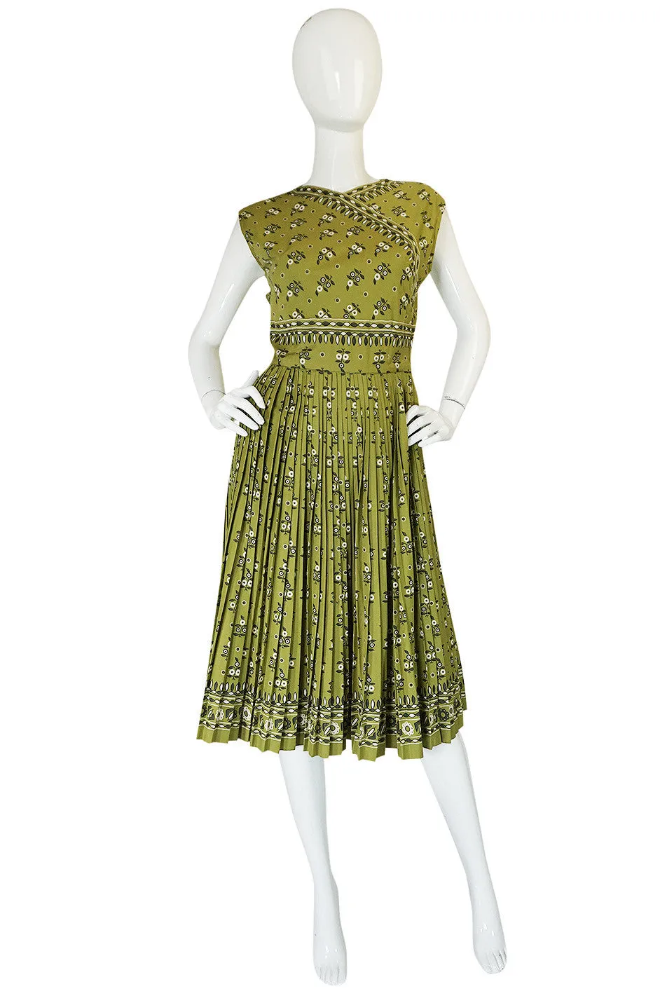 1950s Carolyn Schnurer Knife Pleated Cotton Print Dress