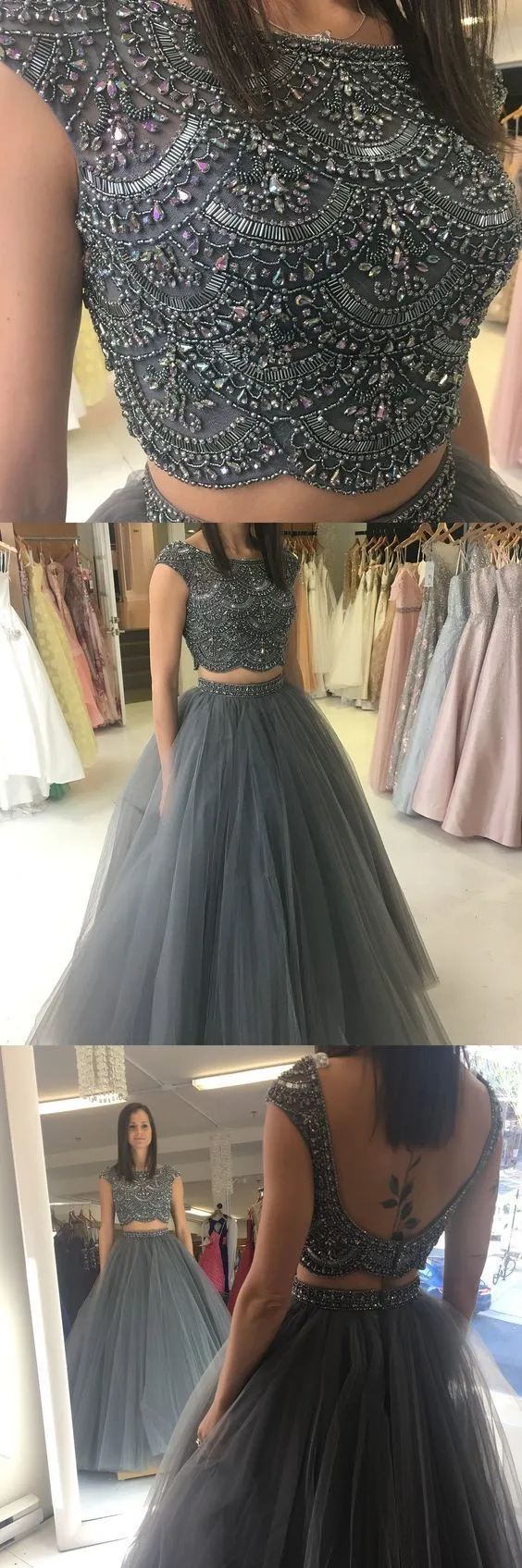 2 Pieces Open Back Cap Sleeves Beaded Gray Cheap Long Prom Dresses, WG779