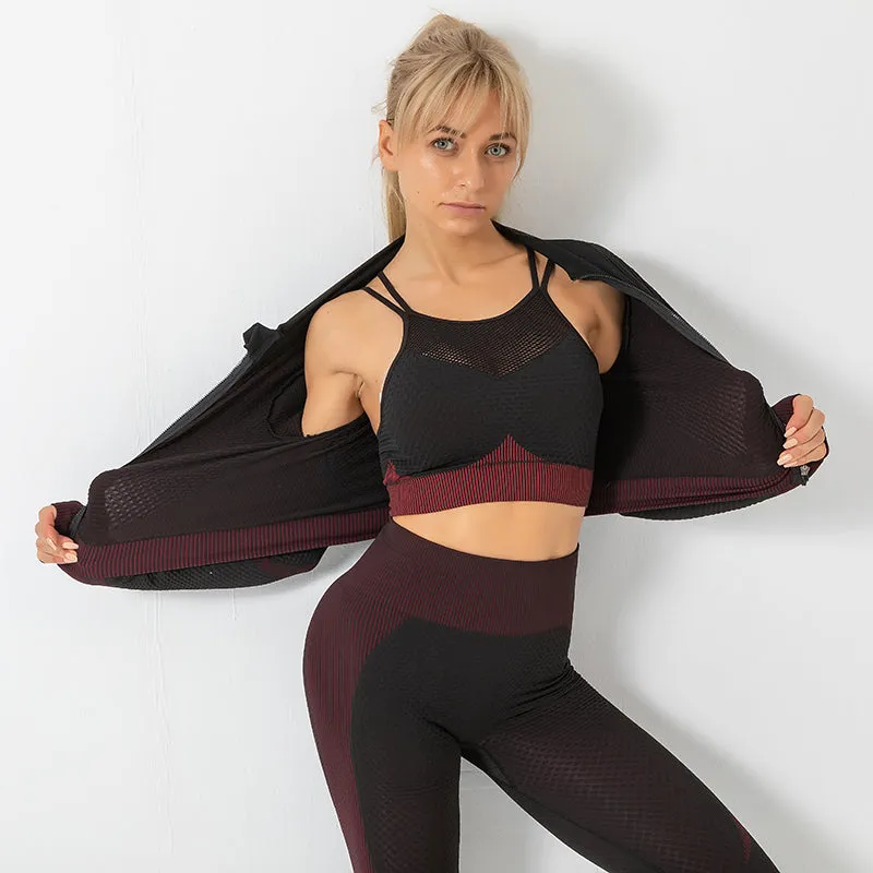 3 Piece Seamless Zipper Yoga Pant Sets