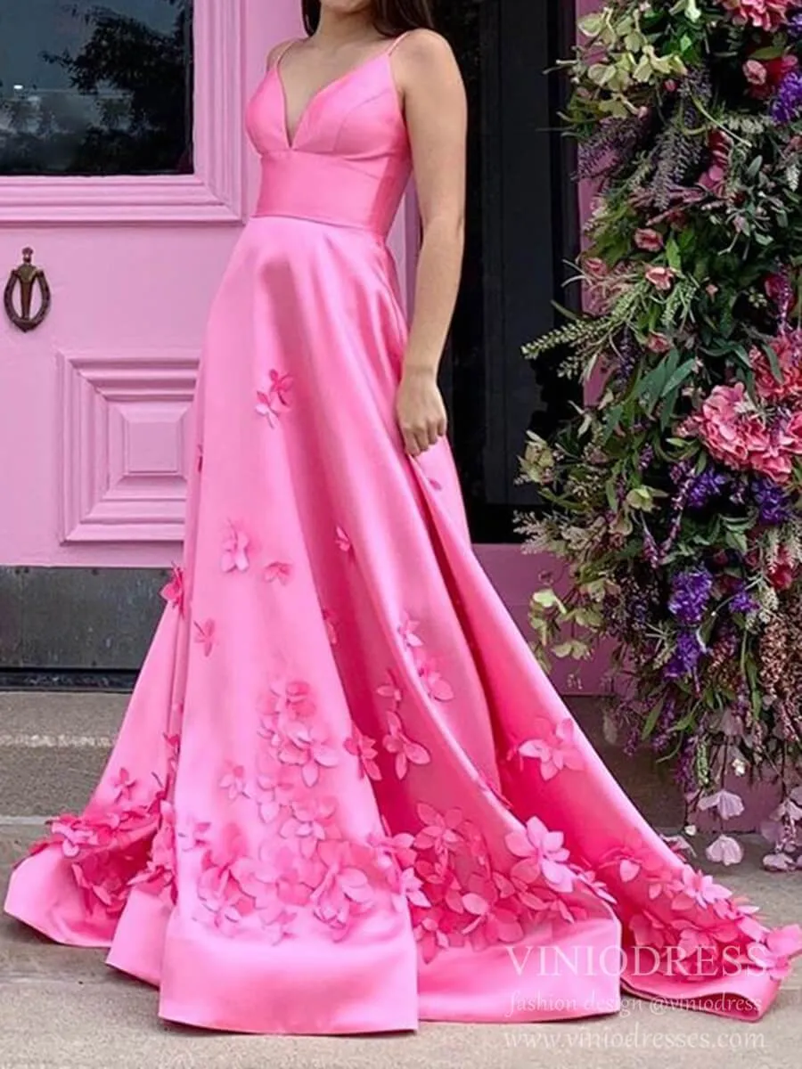 3D Floral Prom Dresses Hot Pink Satin Formal Gown FD1266