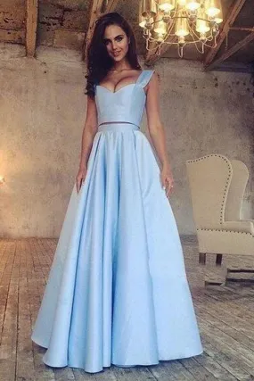 A Line Blue Two Piece Satin Sweetheart Prom Dresses Long Cheap Evening Dresses JS663