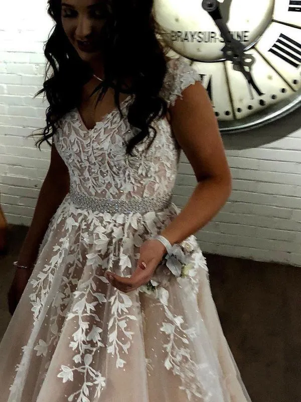 A Line Cheap Nude Quinceanera Dress Lace Appliques Cap Sleeve Beaded Prom Dresses JS238