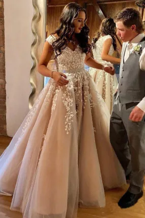 A Line Cheap Nude Quinceanera Dress Lace Appliques Cap Sleeve Beaded Prom Dresses uk JS238