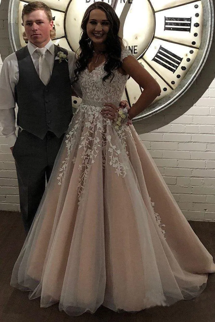 A Line Cheap Nude Quinceanera Dress Lace Appliques Cap Sleeve Beaded Prom Dresses uk JS238