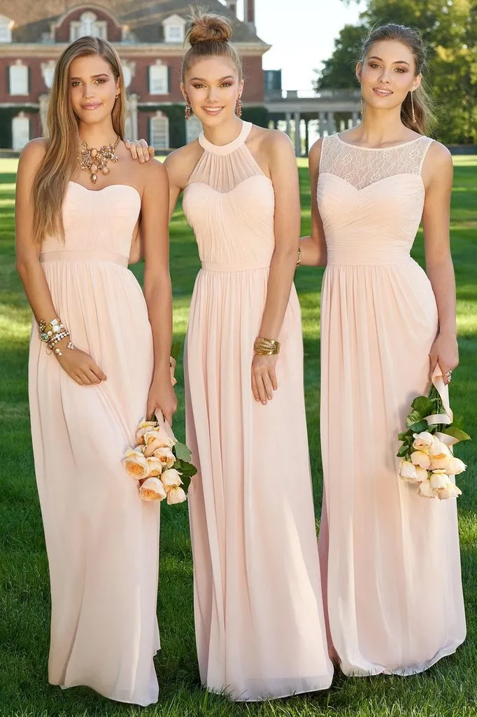 A Line Chiffon Blush Pink Formal Floor Length Cheap Bridesmaid Dresses Prom Dresses JS836