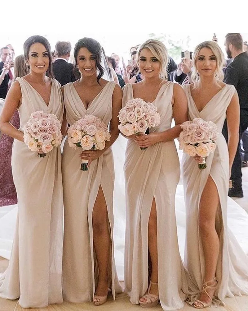 A Line Chiffon V Neck Bridesmaid Dresses Long Cheap Prom Dresses With Slit