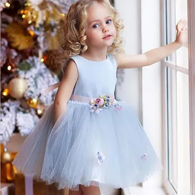 A-Line Knee Length Blue Tulle  Flower Girl Dress With Flowers,Cheap Flower Girl Dresses ,FGY0231