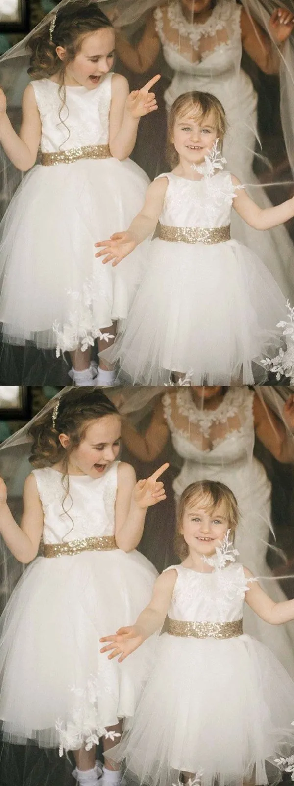 A-Line White Tulle Gold Sequined Lace Flower Girl Dress,Cheap Flower Girl Dresses ,FGY0222