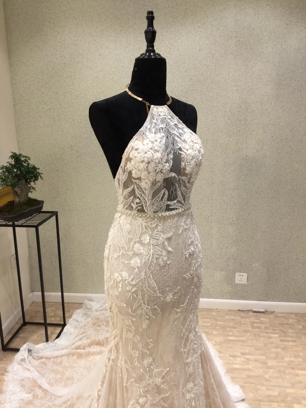 Affordable Unique Haler Mermaid Open Back Long Cheap Wedding Dress, WG686