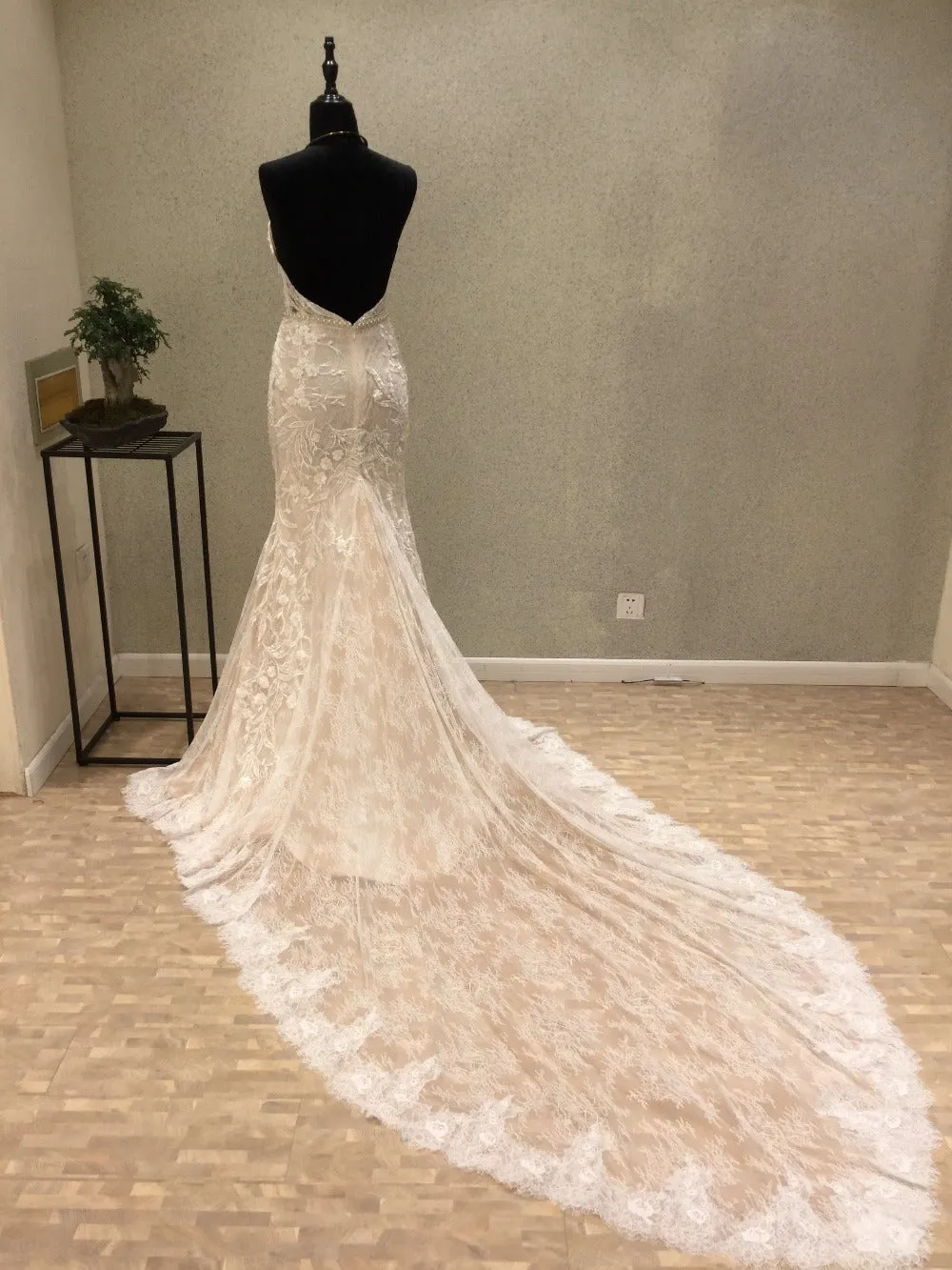 Affordable Unique Haler Mermaid Open Back Long Cheap Wedding Dress, WG686