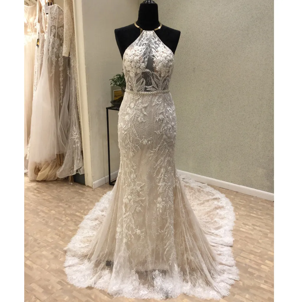 Affordable Unique Haler Mermaid Open Back Long Cheap Wedding Dress, WG686