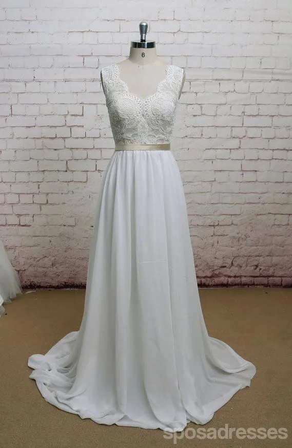 Backless V Neck Cap Sleeve Lace Simple Cheap Beach Wedding Dresses, WD323