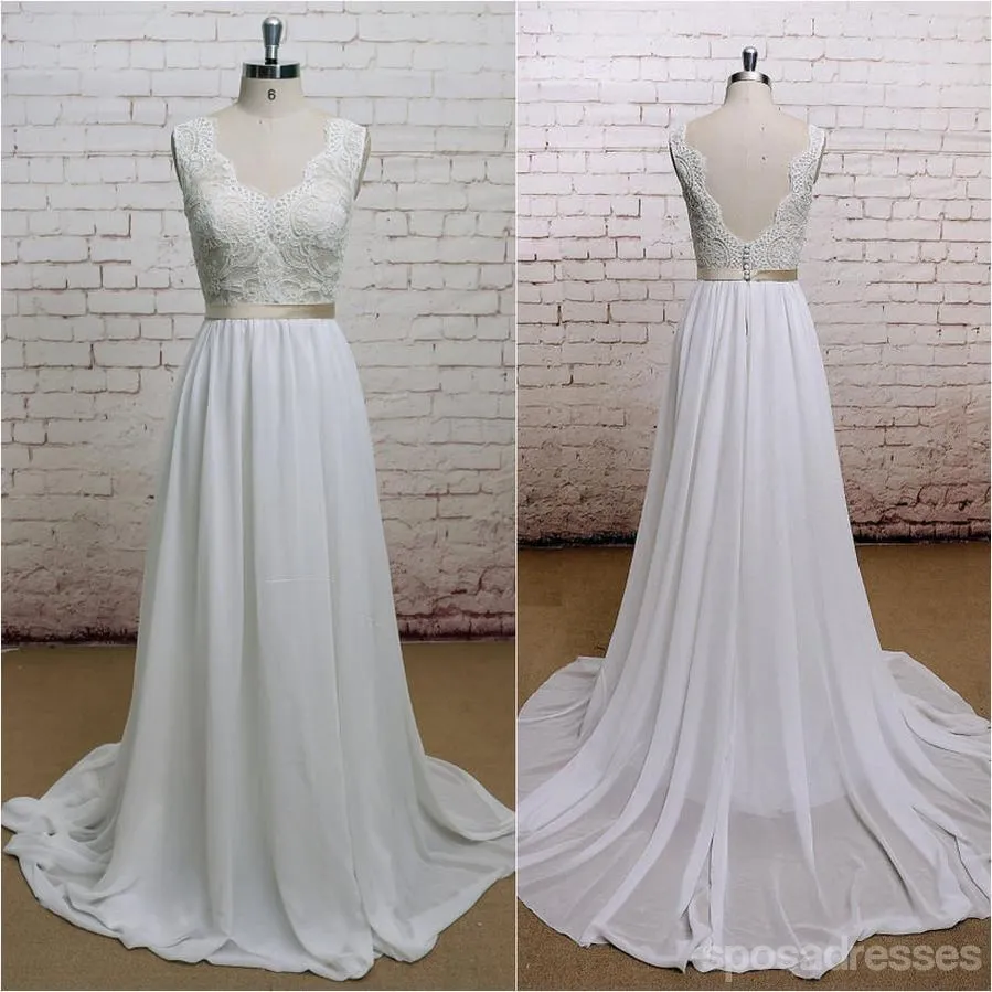 Backless V Neck Cap Sleeve Lace Simple Cheap Beach Wedding Dresses, WD323