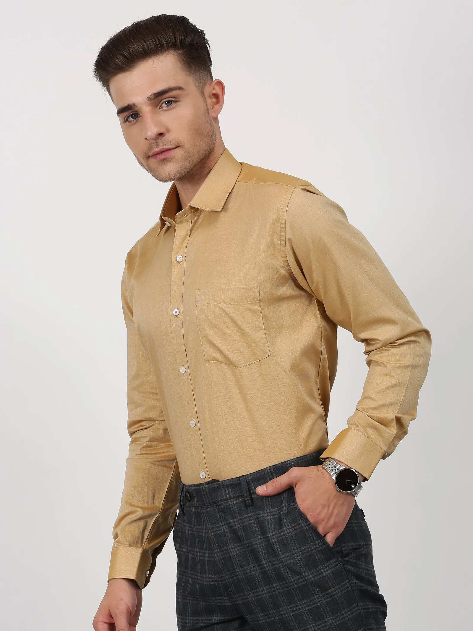 Beige Solid Long Sleeve Formal Shirt