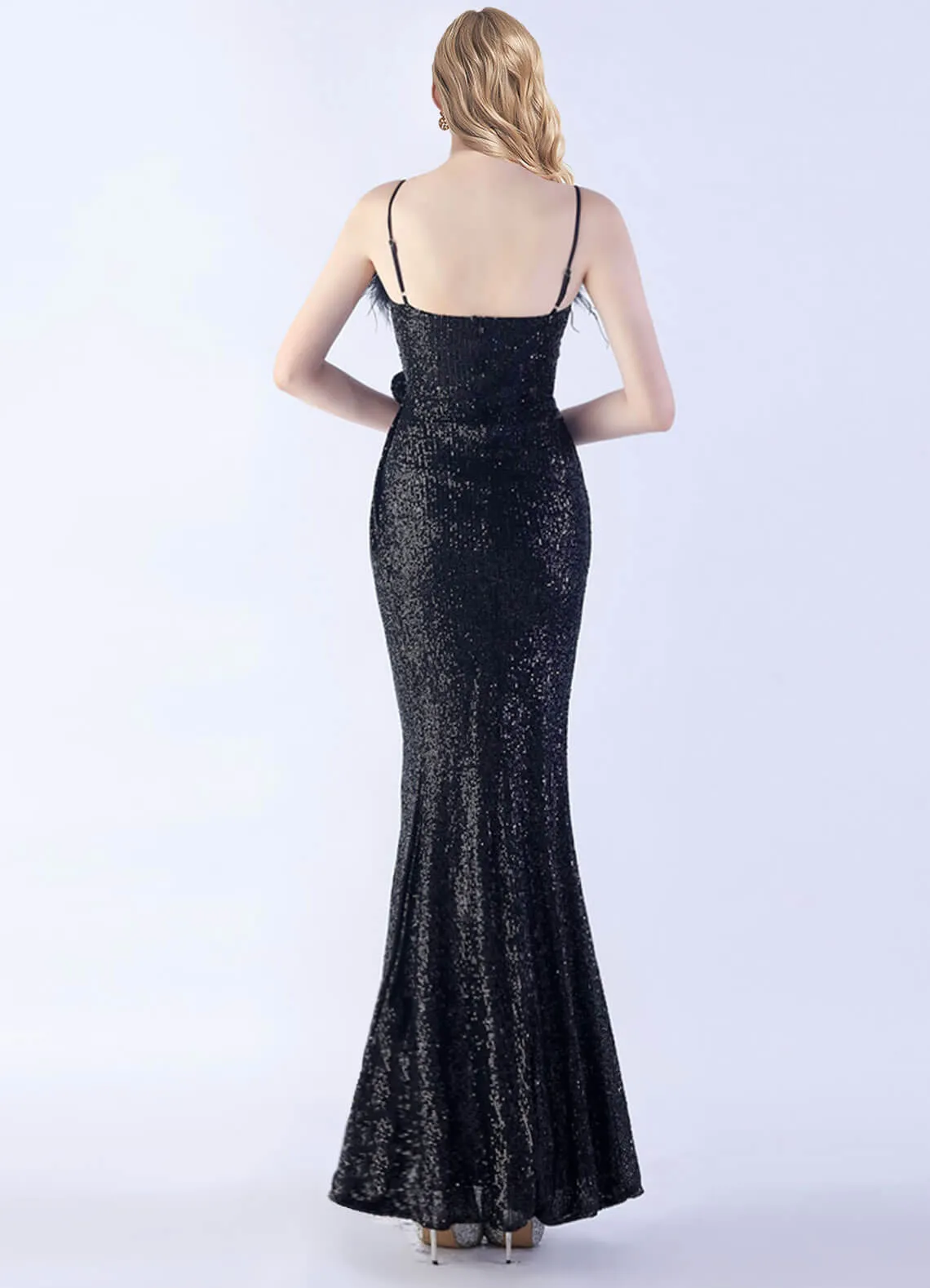 Black Luxury Feather Spaghetti Straps Sequin Maxi Formal Gown