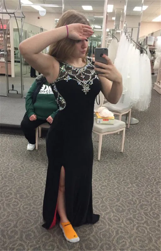 black Prom Dresses,long prom dress,beaded prom Dress,cheap prom dress,side slit prom dress,BD2973