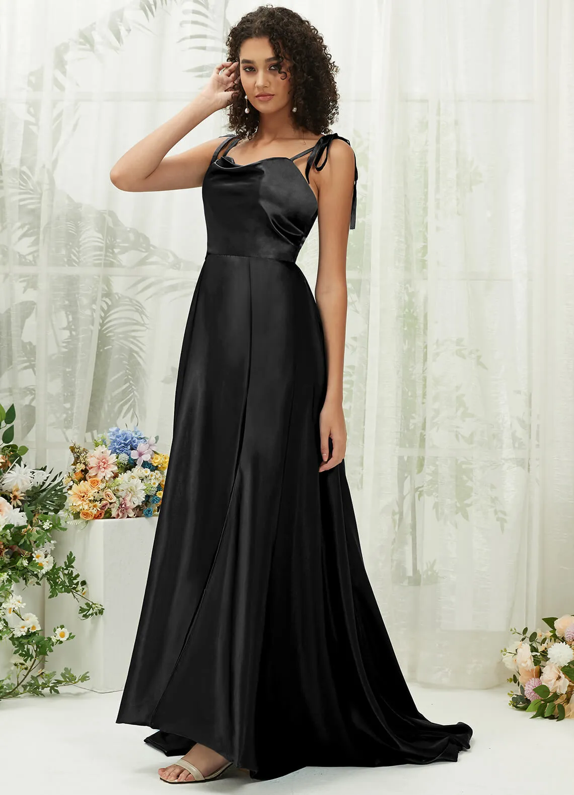 Black Satin Sweetheart Adjustable Straps Formal Gown With Pocket