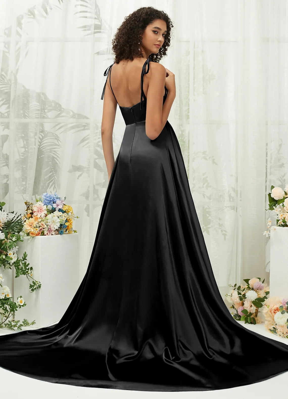 Black Satin Sweetheart Adjustable Straps Formal Gown With Pocket