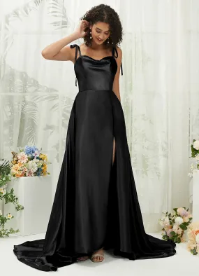 Black Satin Sweetheart Adjustable Straps Formal Gown With Pocket