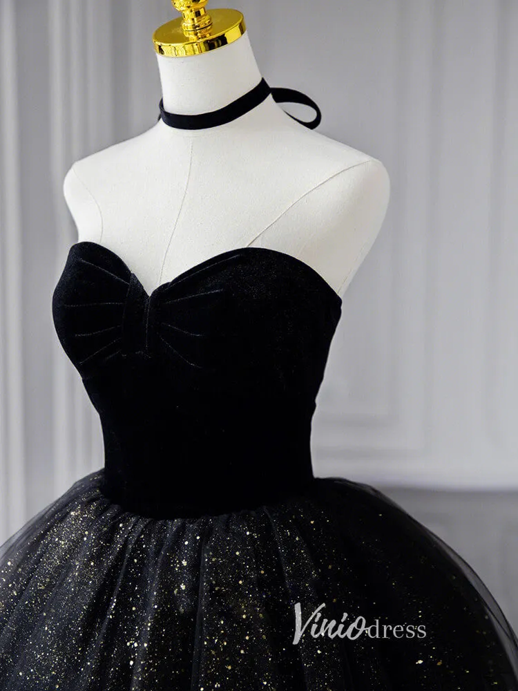 Black Sparkly Tulle Prom Dresses Strapless Ruffled Formal Gown FD3245