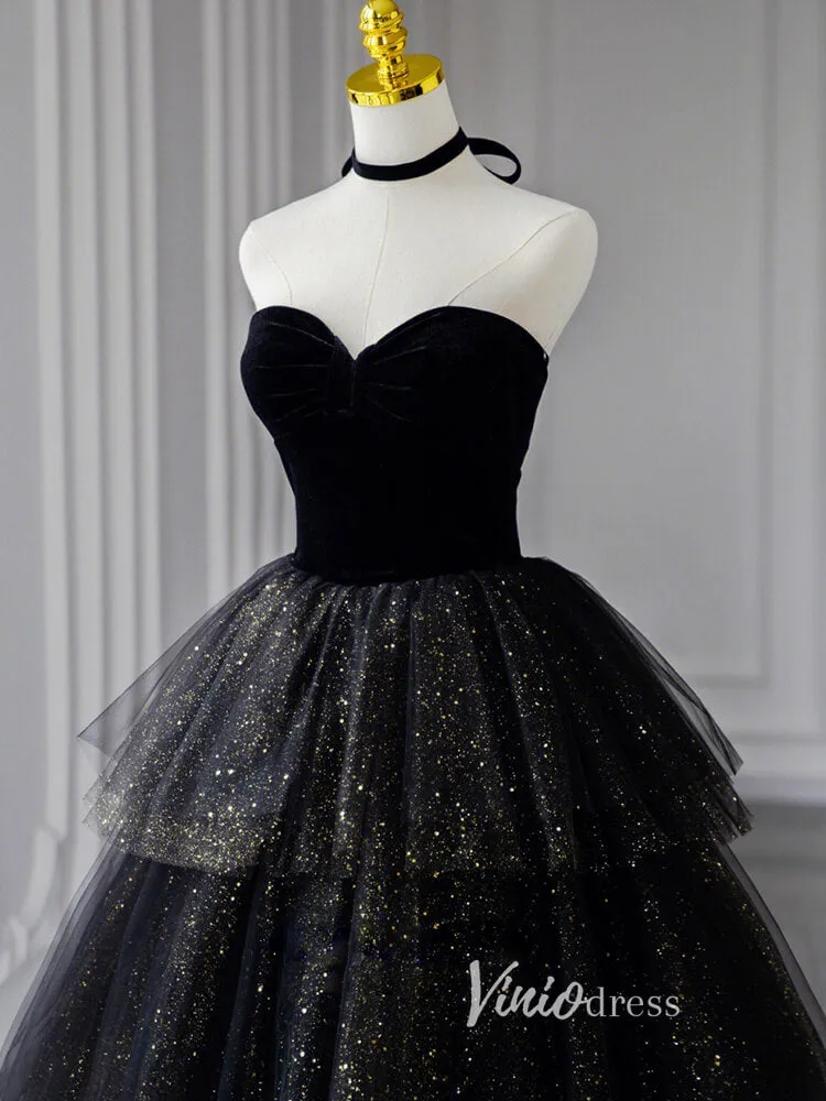 Black Sparkly Tulle Prom Dresses Strapless Ruffled Formal Gown FD3245