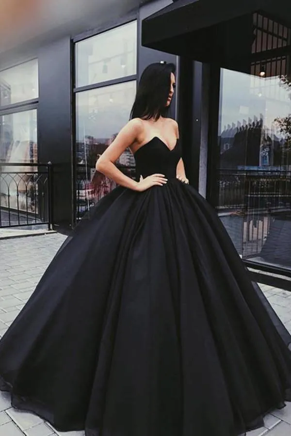 Affordable Black Ball Gown Prom Quinceanera Dress with Beaded Sweetheart Neckline & Strapless Design