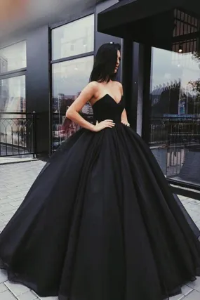 Affordable Black Ball Gown Prom Quinceanera Dress with Beaded Sweetheart Neckline & Strapless Design