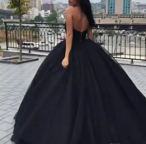 Affordable Black Ball Gown Prom Quinceanera Dress with Beaded Sweetheart Neckline & Strapless Design