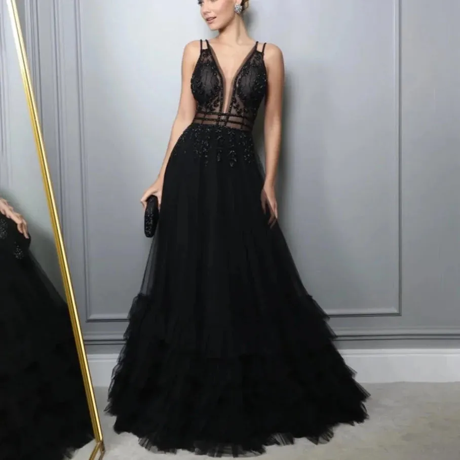 Black Tulle Beaded Ruffles Sequin A-Line Evening  Formal Dress