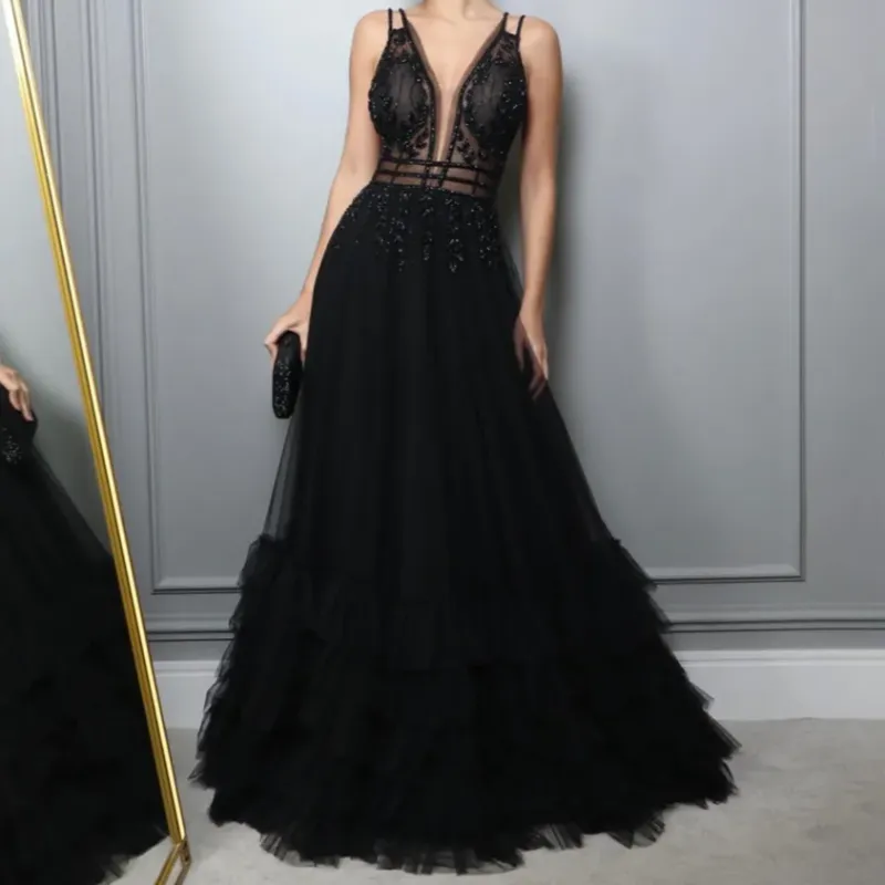 Black Tulle Beaded Ruffles Sequin A-Line Evening  Formal Dress