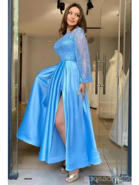 Blue A-line Long Sleeves High Slit Cheap Long Prom Dresses Online,12908