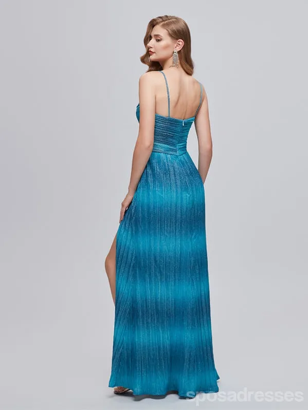 Blue Mermaid Spaghetti Straps Side Slit V-neck Cheap Prom Dresses,12990