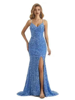 Blue Mermaid Spaghetti Straps V-neck High Slit Cheap Long Prom Dresses,12864