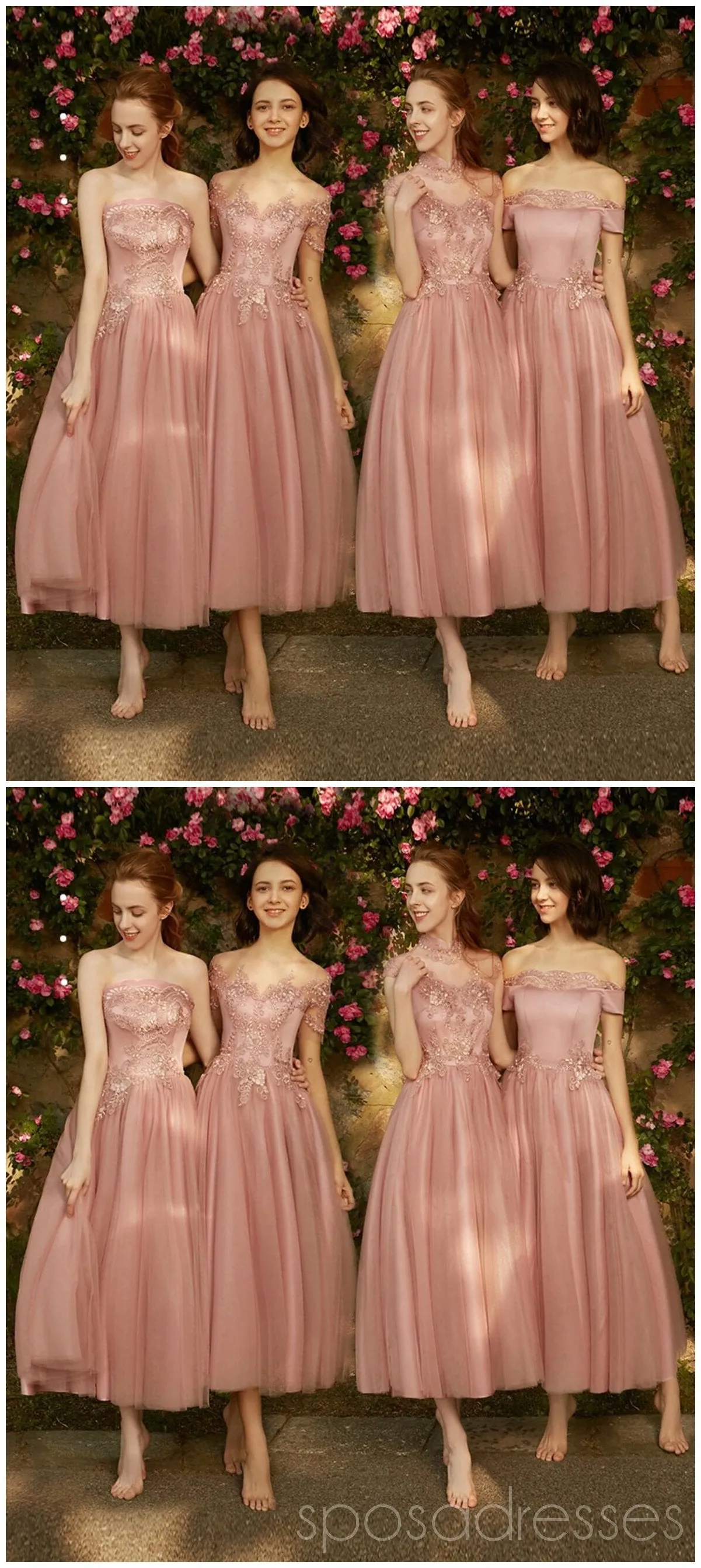 Blush Pink Lace Tulle Short Mismatched Cheap Bridesmaid Dresses Online, WG535