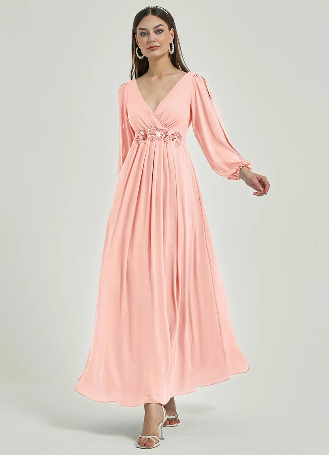 Blush V-Neck Long Slit Sleeve Pleated Flowy Chiffon Formal Dress