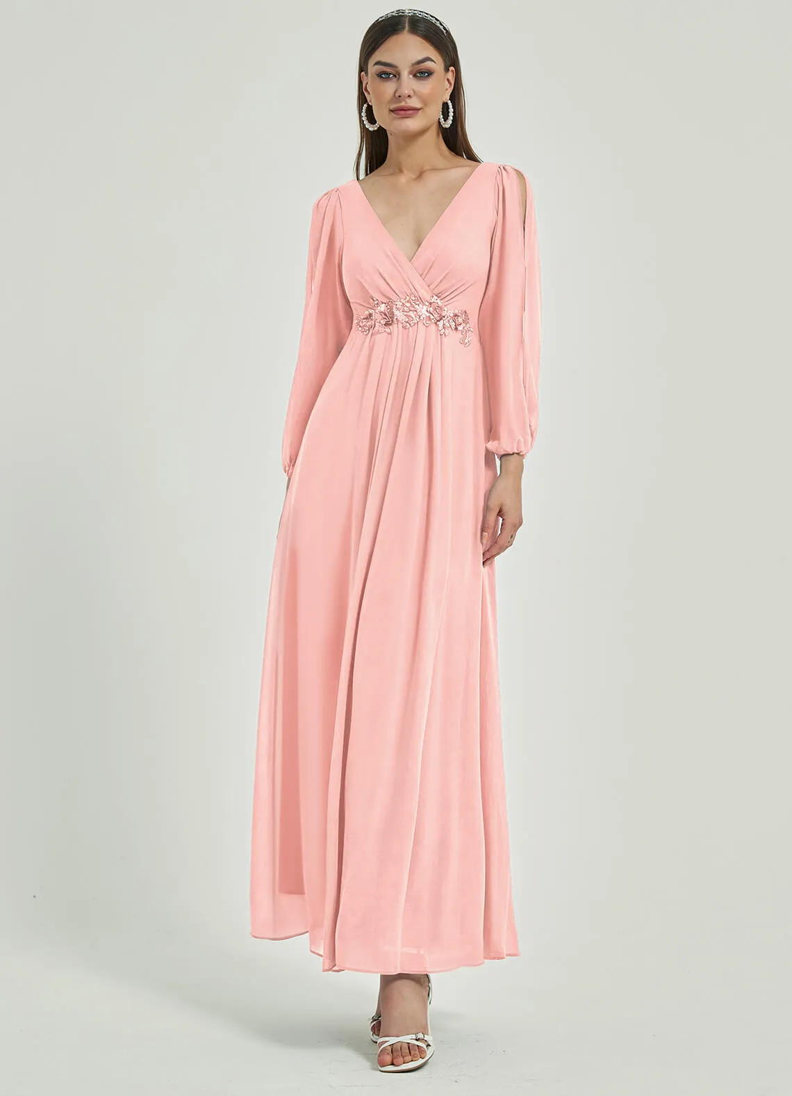 Blush V-Neck Long Slit Sleeve Pleated Flowy Chiffon Formal Dress