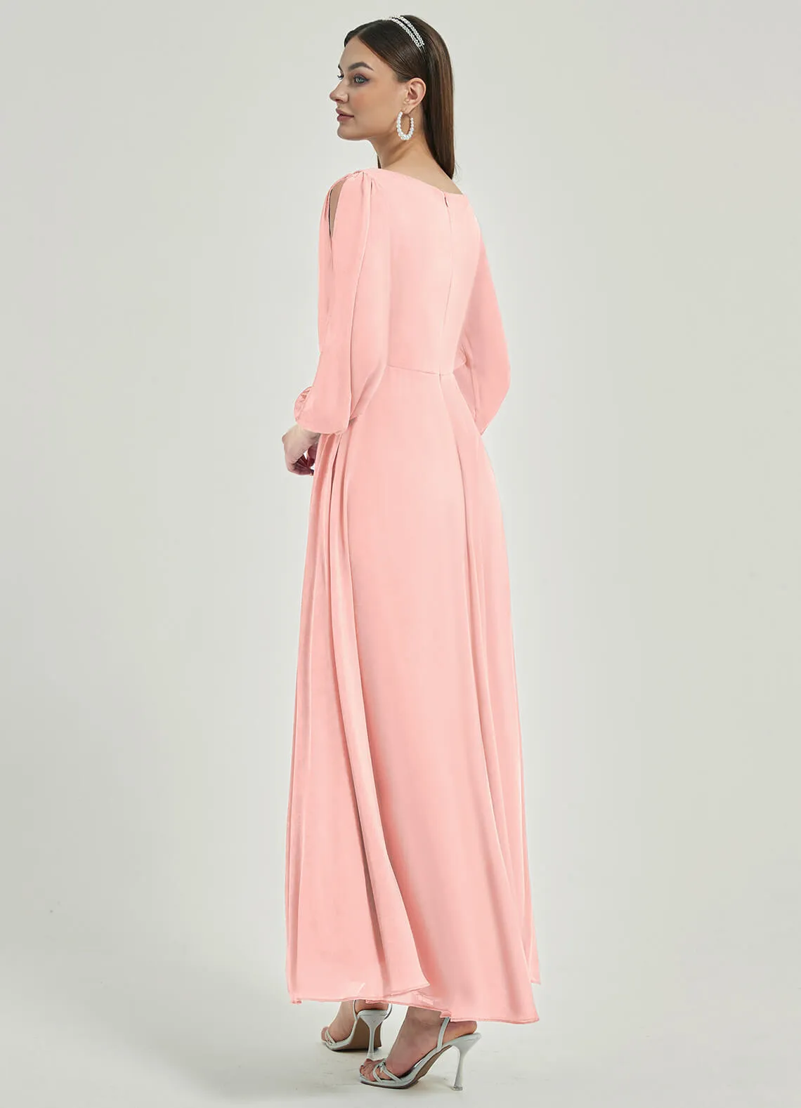 Blush V-Neck Long Slit Sleeve Pleated Flowy Chiffon Formal Dress