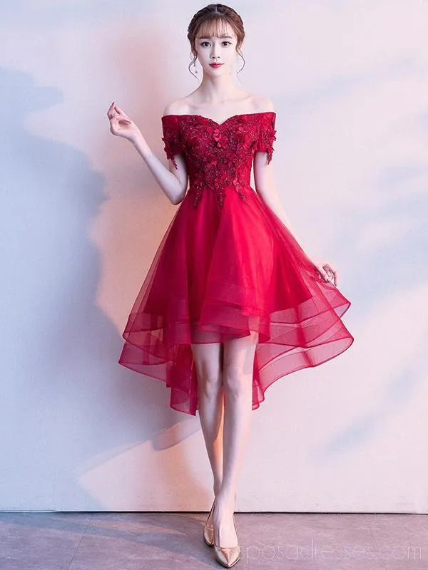 Bright Red Off Shoulder High Low Cheap Homecoming Dresses Online, Cheap Short Prom Dresses, CM783