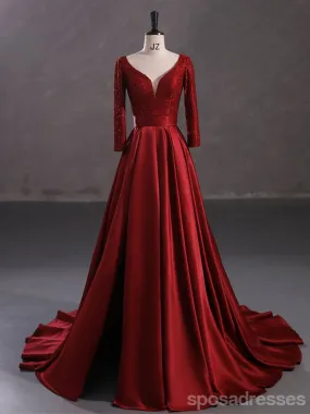 Burgundy A-line High Slit Long Sleeves Cheap Prom Dresses Online,13056