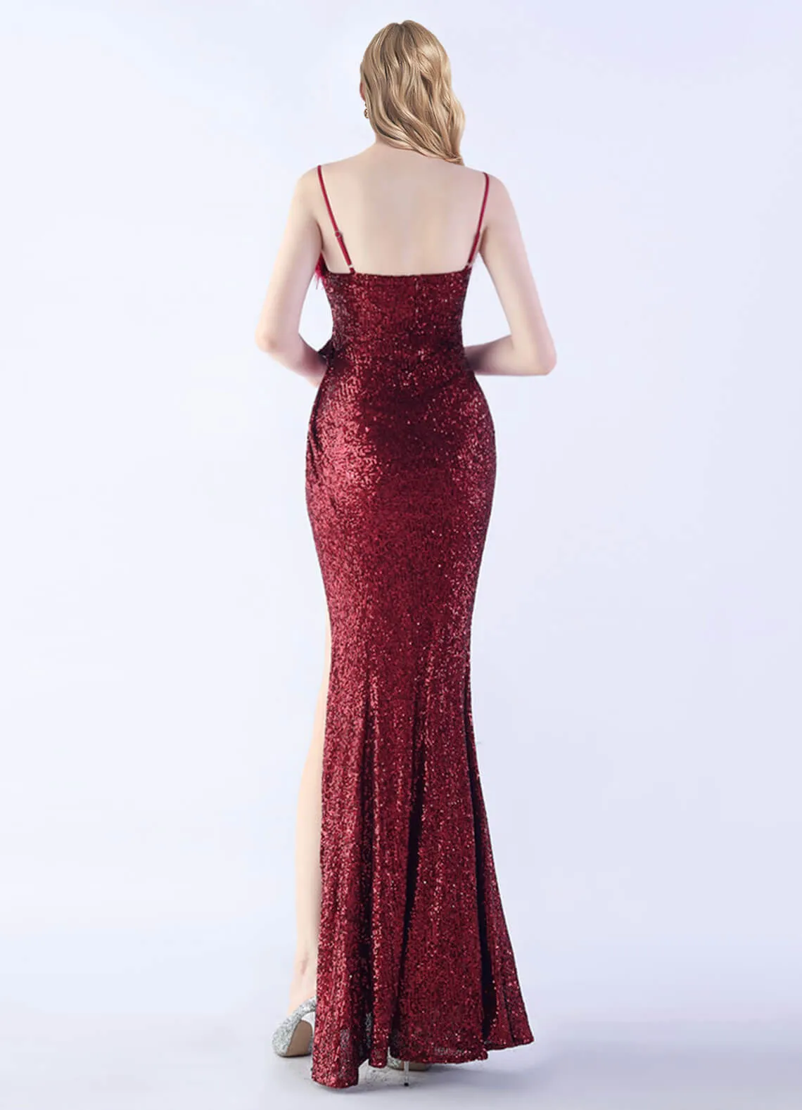 Burgundy Luxury Feather Spaghetti Straps Sequin Maxi Formal Gown