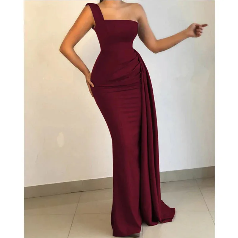 Burgundy Mermaid One Shoulder Cheap Long Bridesmaid Dresses,BDS0180