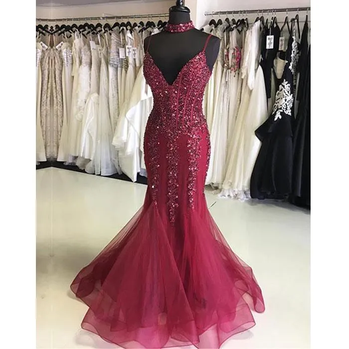 Burgundy Mermaid Sexy Beaded Cheap Long Evening Prom Dresses, WG1019