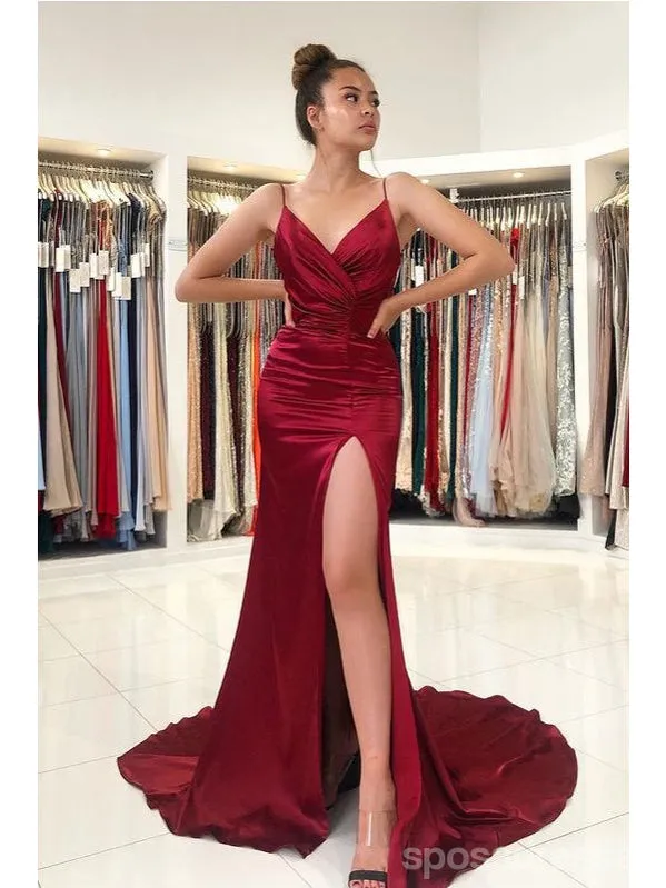 Burgundy Mermaid Spaghetti Straps High Slit Cheap Long Prom Dresses,12840