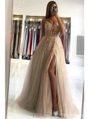 Champagne A-line Spaghetti Straps High Slit Cheap Long Prom Dresses Online,12875