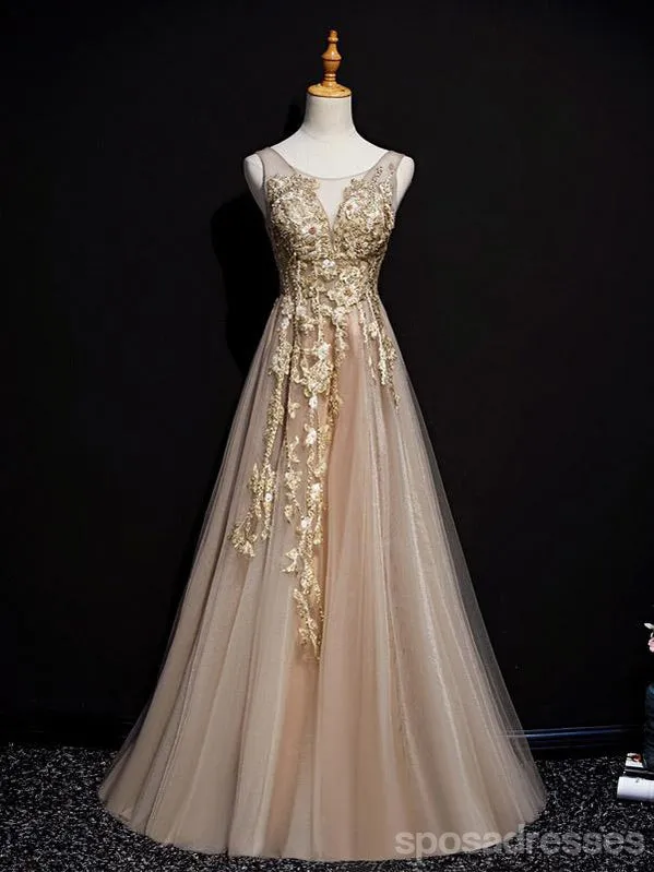 Champagne A-line V-neck Cheap Long Prom Dresses Online,12639