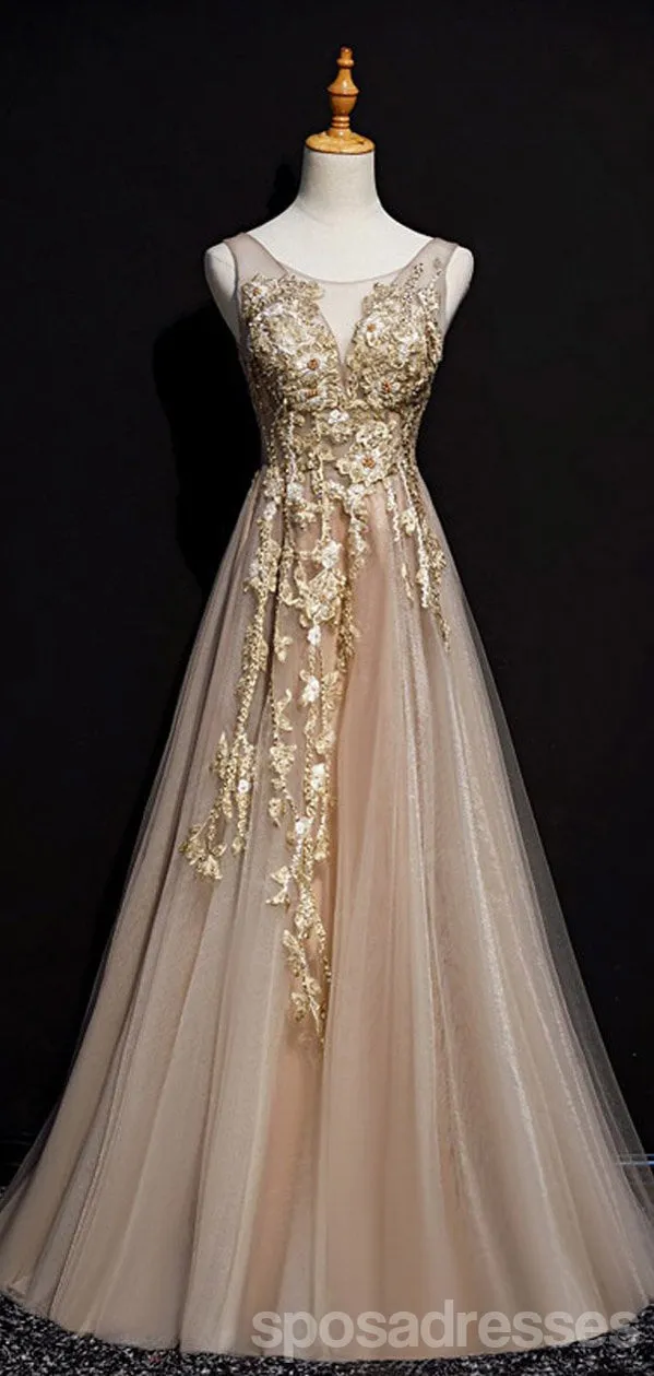 Champagne A-line V-neck Cheap Long Prom Dresses Online,12639