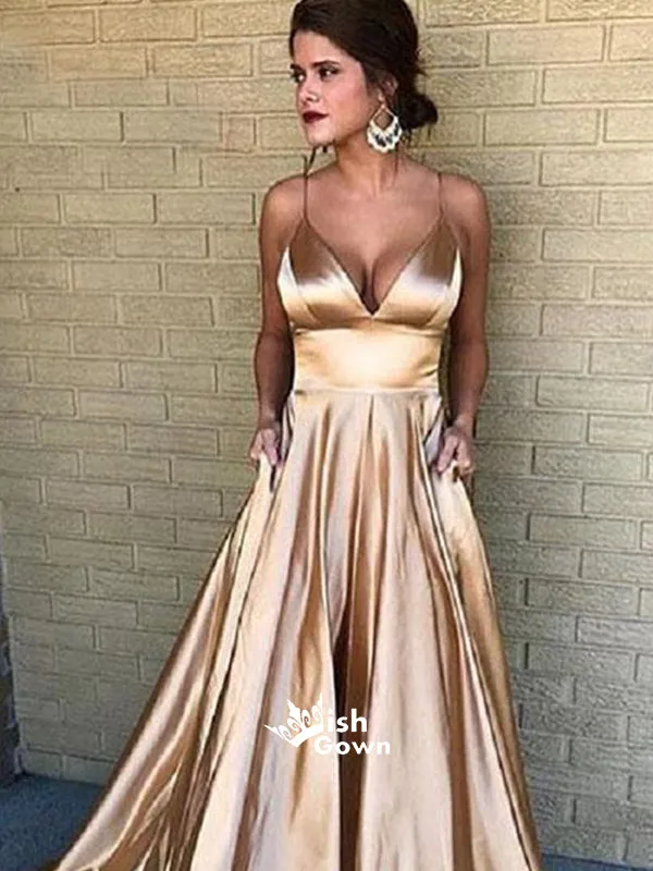 Champagne Gold Spaghetti Strap A Line Simple Cheap Long Prom Dresses, SG155